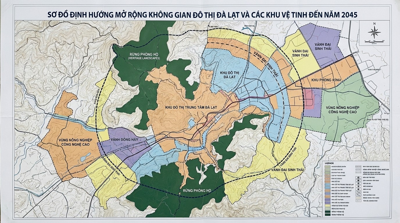 Sơ đồ định hướng mở rộng không gian đô thị Đà Lạt và các khu vệ tinh đến năm 2045