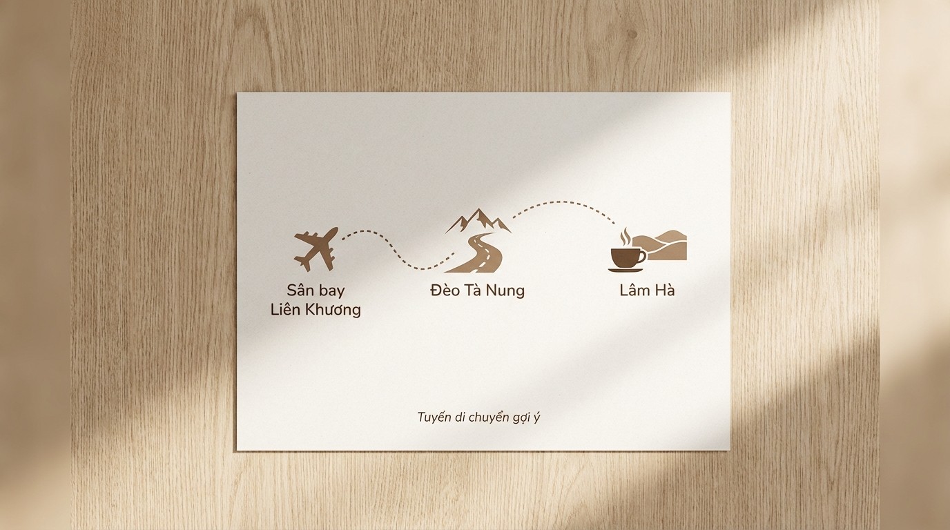 Sơ đồ gợi ý tuyến di chuyển từ Sân bay Liên Khương qua Đèo Tà Nung đến Lâm Hà