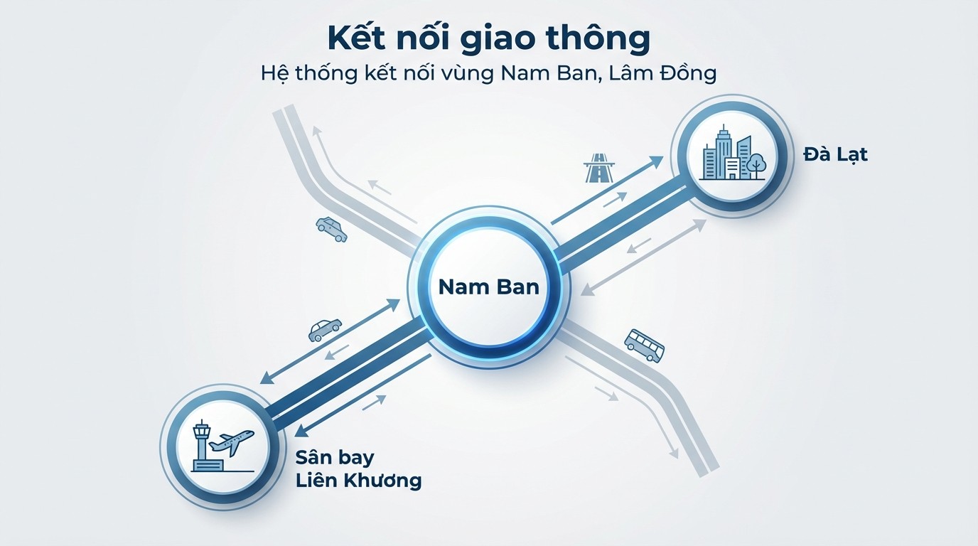Sơ đồ kết nối Nam Ban với các trục giao thông và điểm đến như Đà Lạt, sân bay Liên Khương