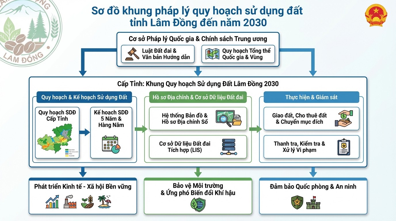 Sơ đồ khung pháp lý quy hoạch sử dụng đất tỉnh Lâm Đồng đến năm 2030