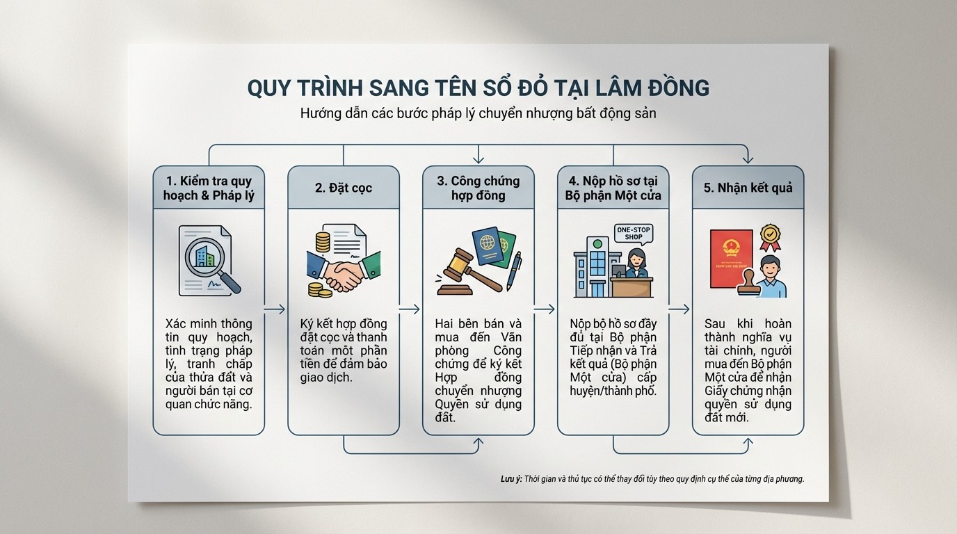 Sơ đồ quy trình công chứng hợp đồng và nộp hồ sơ sang tên sổ đỏ tại bộ phận một cửa ở Lâm Đồng