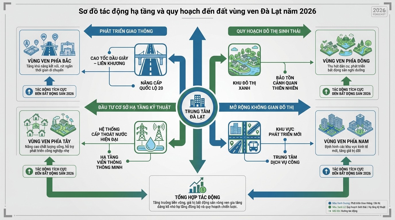 Sơ đồ tác động hạ tầng và quy hoạch đến đất vùng ven Đà Lạt năm 2026