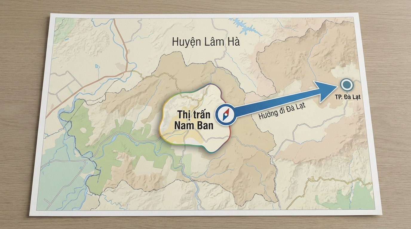 Sơ đồ vị trí thị trấn Nam Ban trong huyện Lâm Hà và hướng kết nối về TP Đà Lạt