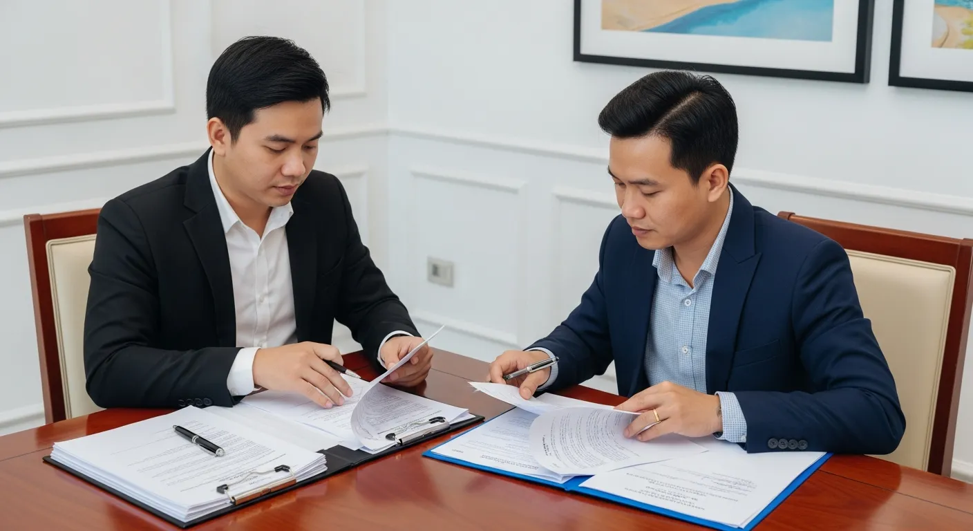 Cảnh bàn giao căn hộ thực tế tại một dự án chung cư cao cấp ở Thuận An, nhân viên tư vấn và khách hàng ngồi tại bàn gỗ xem hồ sơ pháp lý, bộ tài liệu hợp đồng mua bán, biên bản bàn giao, giấy tờ tài chính được sắp xếp rõ ràng, phía sau là căn hộ sáng sủa mới hoàn thiện, ánh sáng tự nhiên, không khí làm việc nghiêm túc và minh bạch