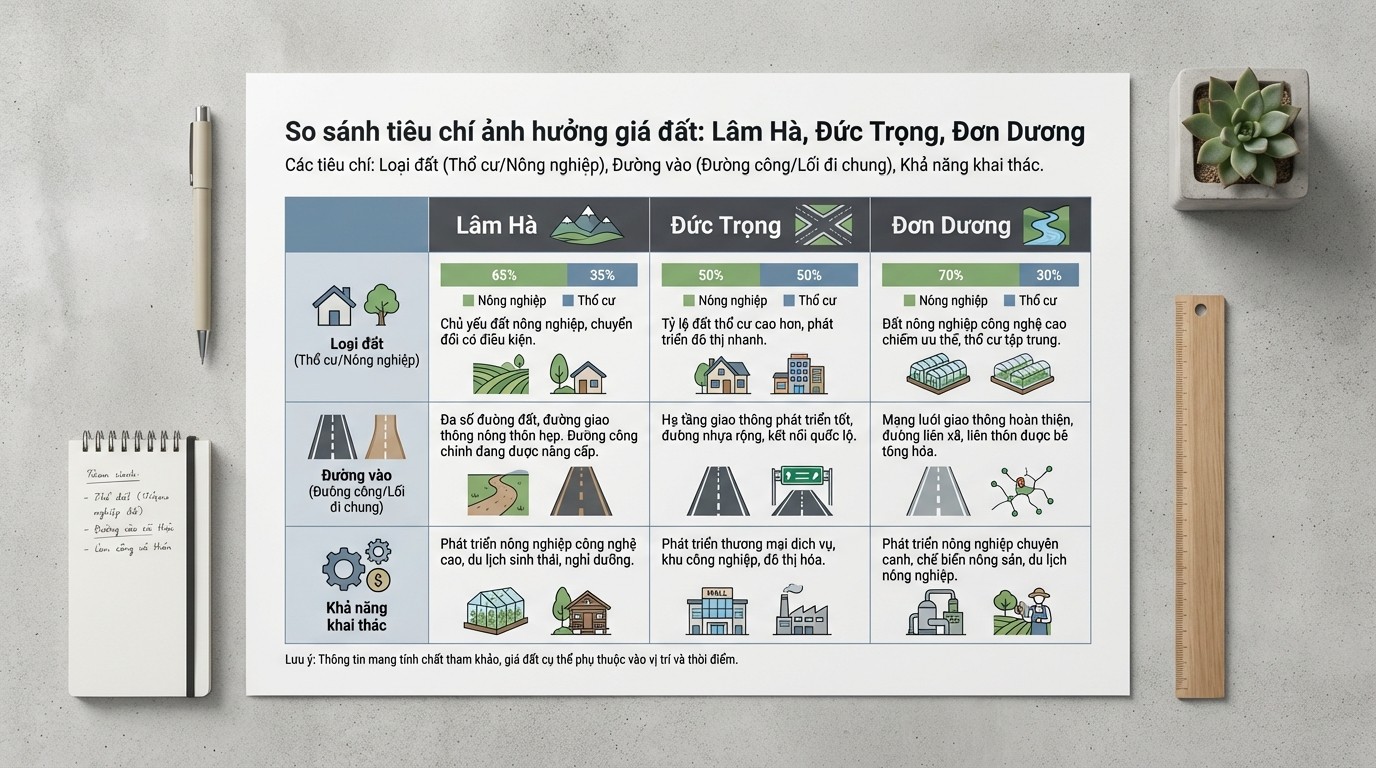 So sánh tiêu chí ảnh hưởng giá đất tại Lâm Hà, Đức Trọng và Đơn Dương vùng ven Đà Lạt