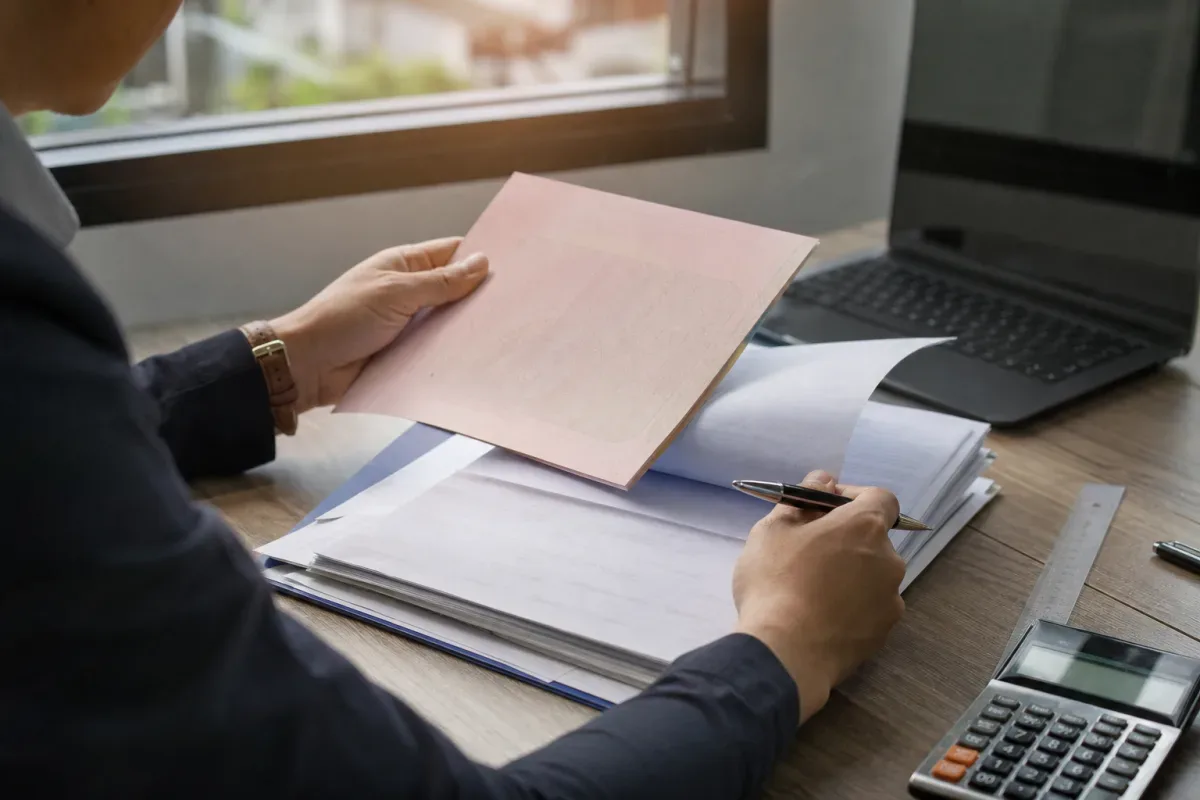 Người mua đối chiếu Giấy chứng nhận và hợp đồng căn hộ tại bàn làm việc