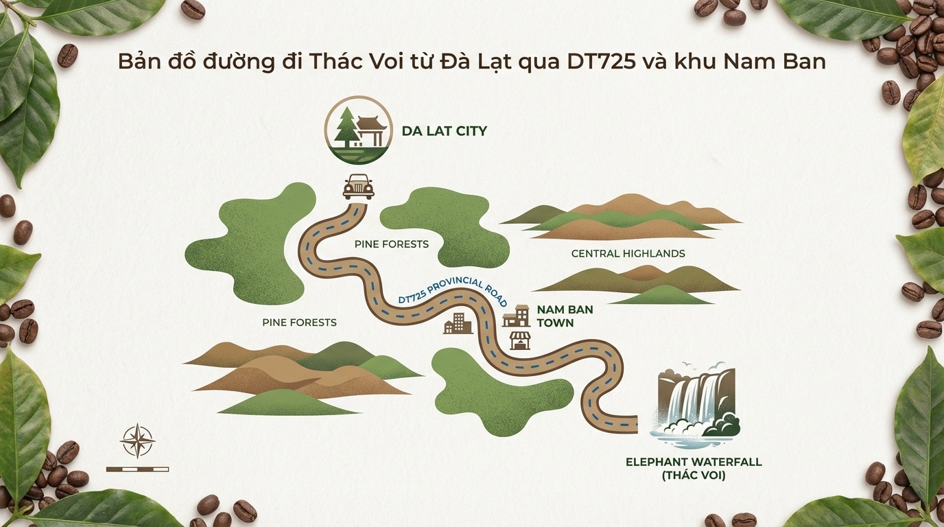 Tuyến đường đến Thác Voi từ Đà Lạt qua DT725 và khu Nam Ban